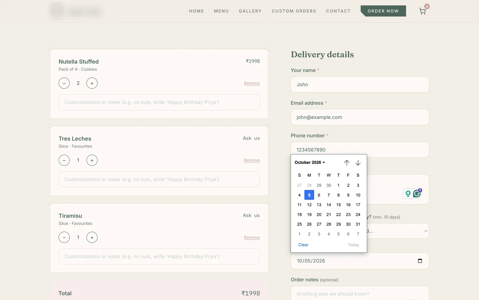 Checkout page with three cart items on the left, each with a quantity stepper and a customisation notes field, and a delivery details form on the right with a calendar open to choose a delivery date.